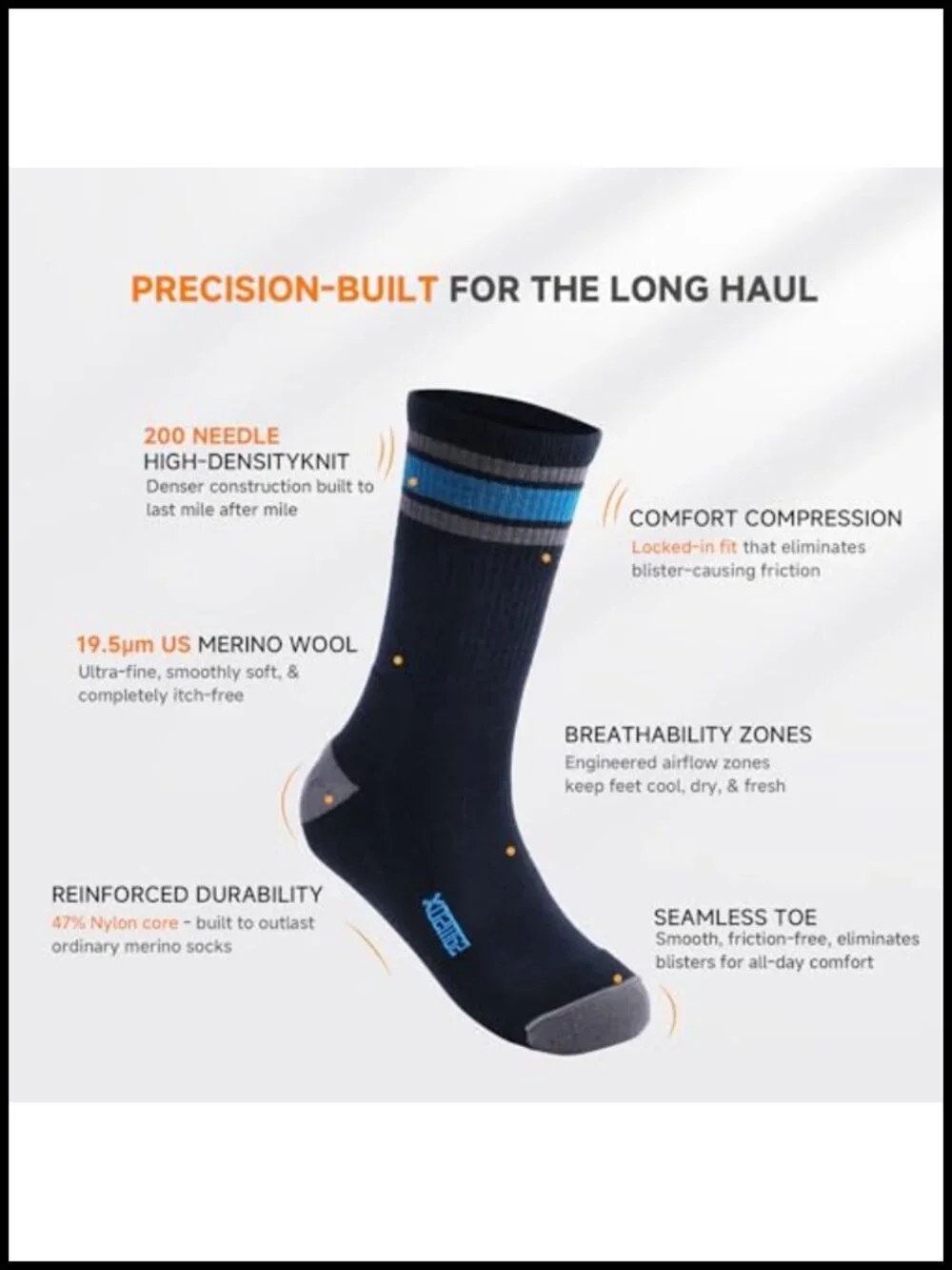 Merino Wool Hiking Socks 200 Needle Knit Moisture Wicking Anti Blister Men's